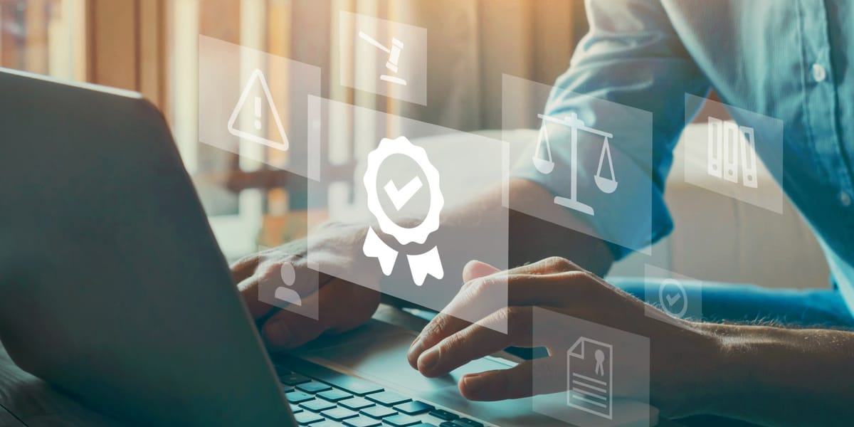 A professional working on a laptop describes data governance - large image.